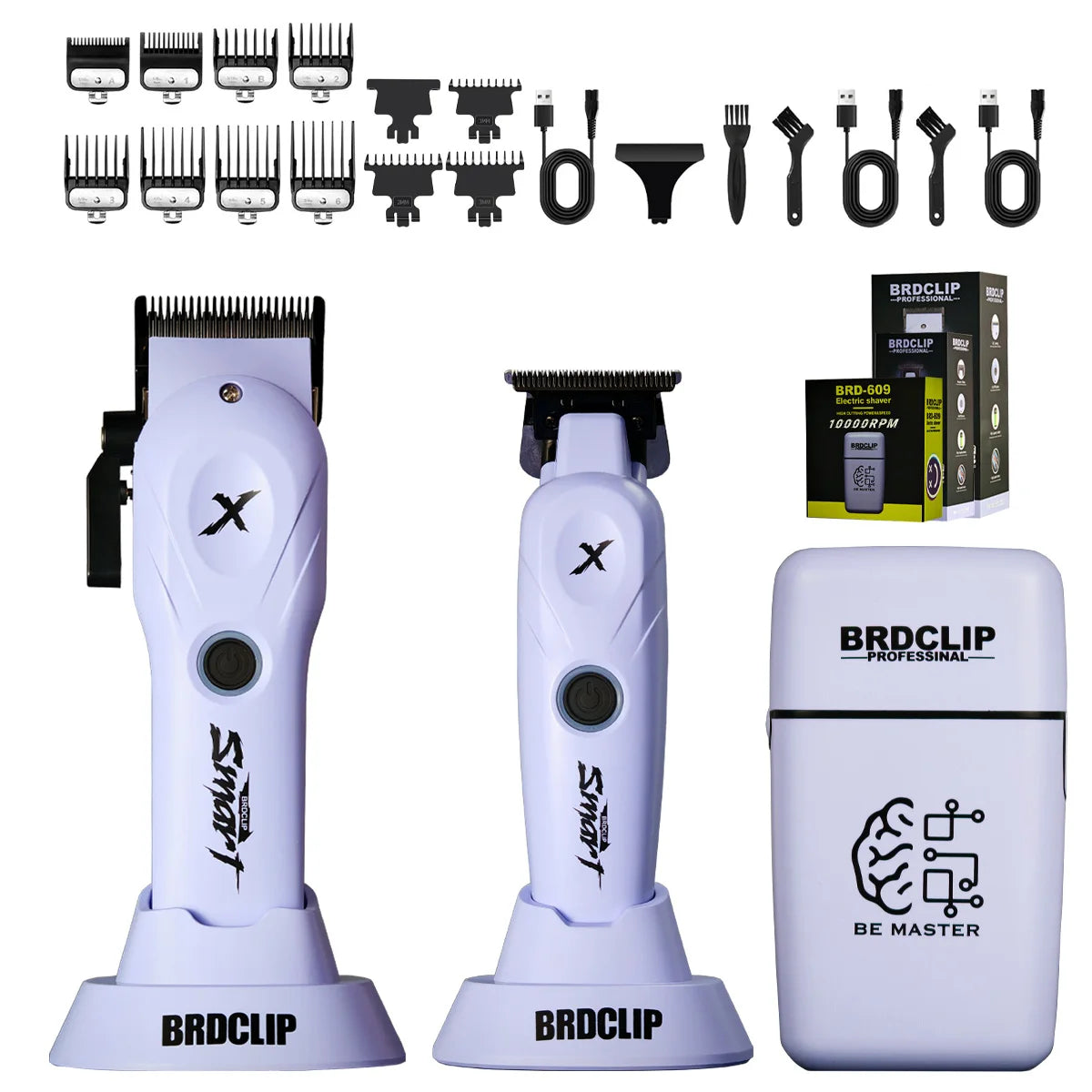 A professional multi-function hair grooming kit featuring a purple electric device and various grooming tools.