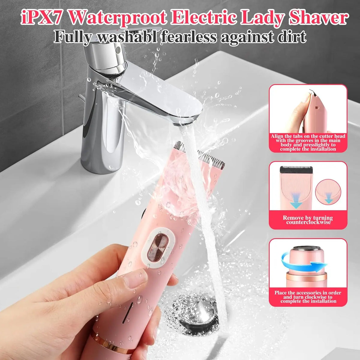 A hand is using a pink electric lady shaver to trim hair under running water.