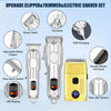 A set of electric hair clippers and trimmers featuring a double blade foil head in gold and silver colors.