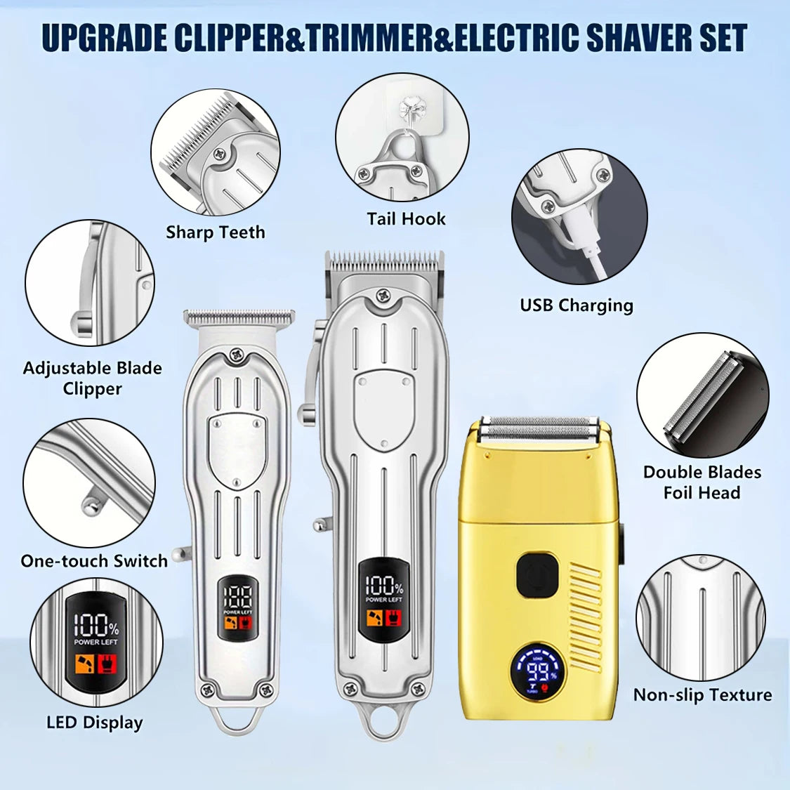 A set of electric hair clippers and trimmers featuring a double blade foil head in gold and silver colors.