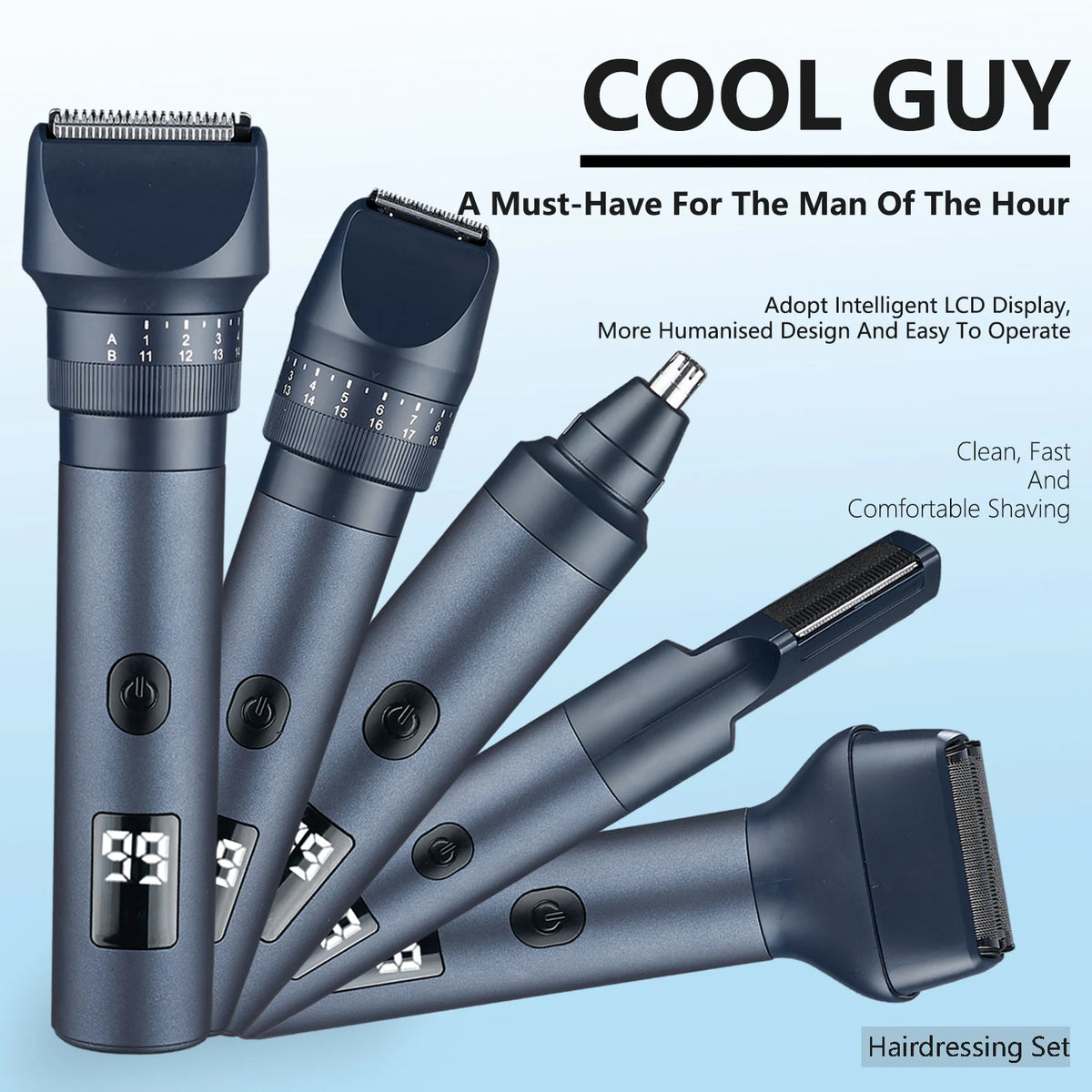 A set of five Cool Guy electric grooming tools including beard trimmers and a hairdressing set