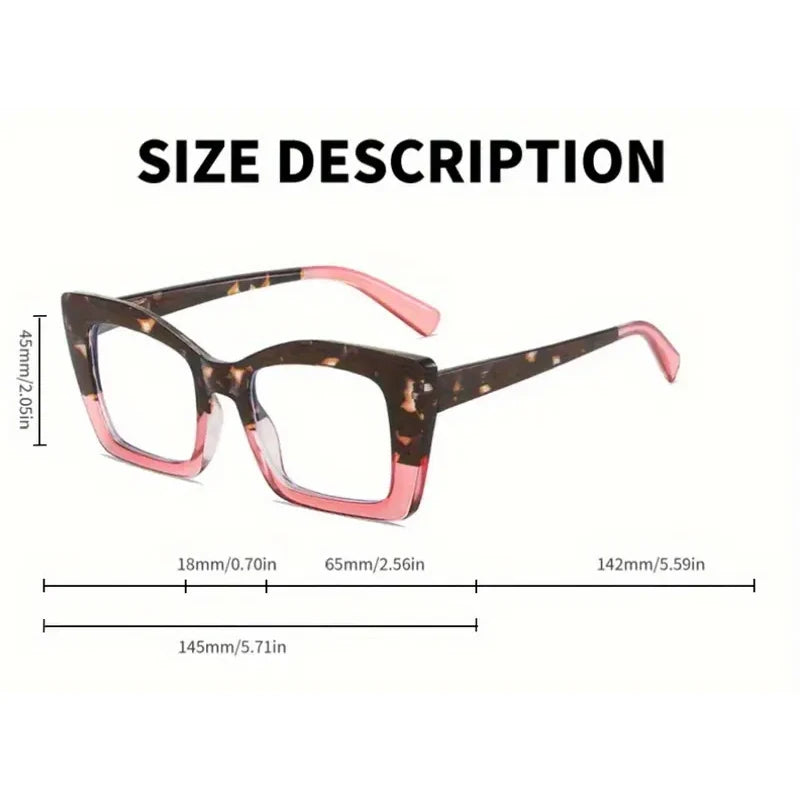A pair of tortoiseshell reading glasses with pink accents shown with size measurements.