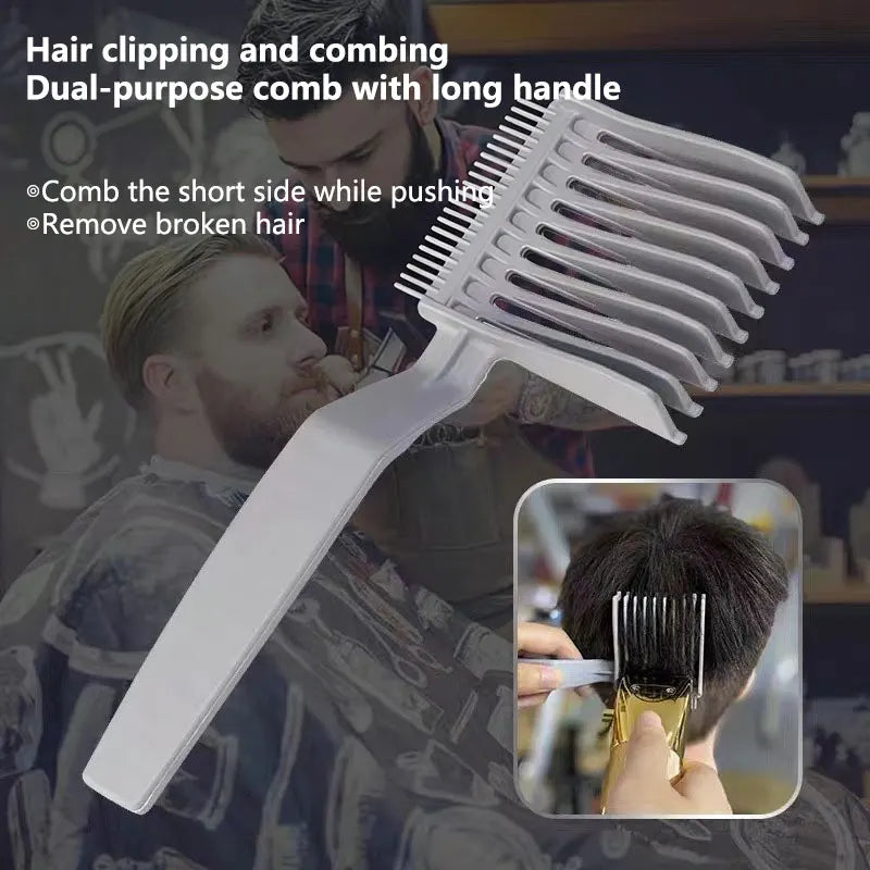 A white dual-purpose comb with a long handle being used by a man to comb hair.