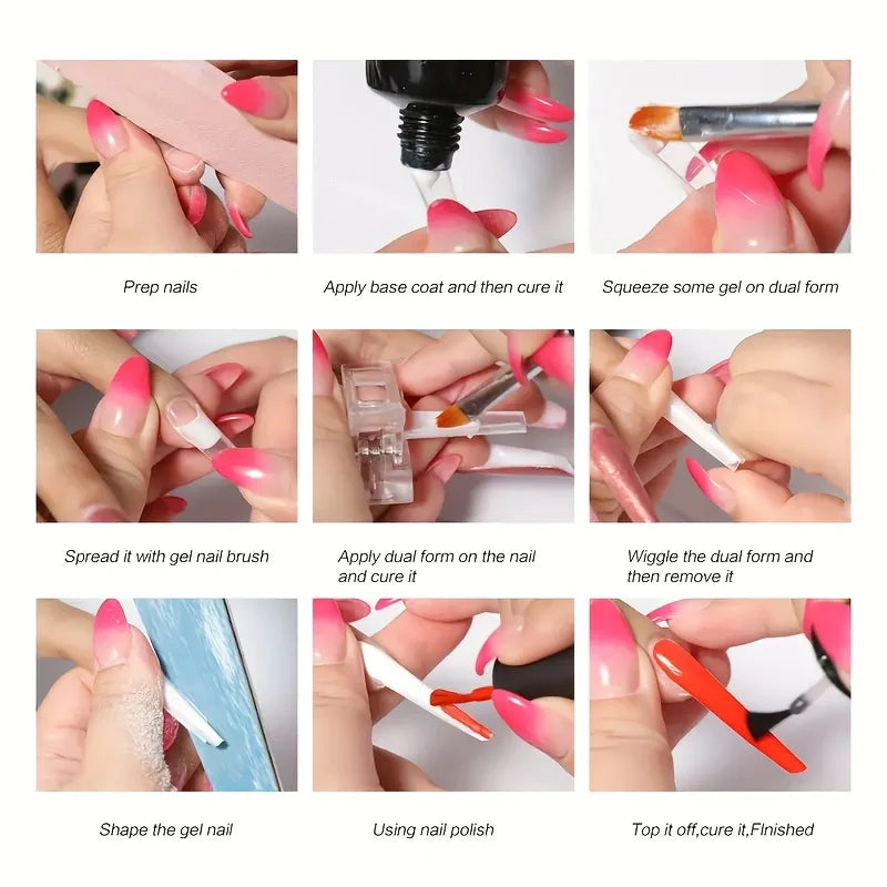 A set of reusable nail extension forms and tools demonstrating preparation, application, shaping, polishing, and finishing te