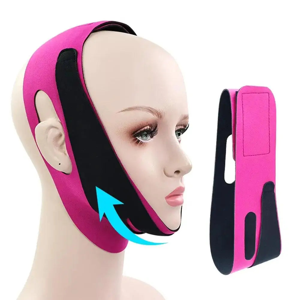 A pink and black 3D facial slimming strap is shown on a mannequin head.