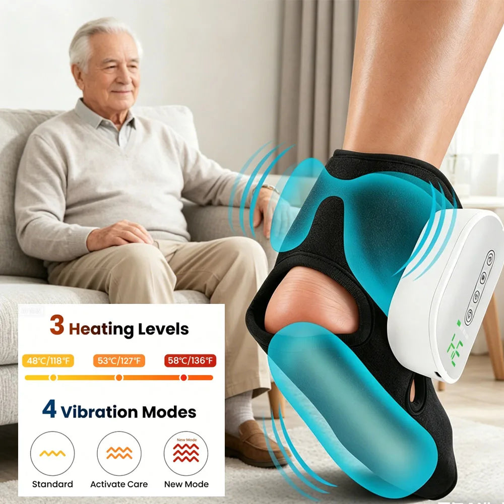 A person is using a white electric foot massager on their foot while sitting on a couch.