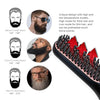 A professional electric beard straightener shown with various beard styles and temperature settings.