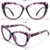 Purple and black patterned LR8 reading glasses shown from the front and at a 45-degree angle.