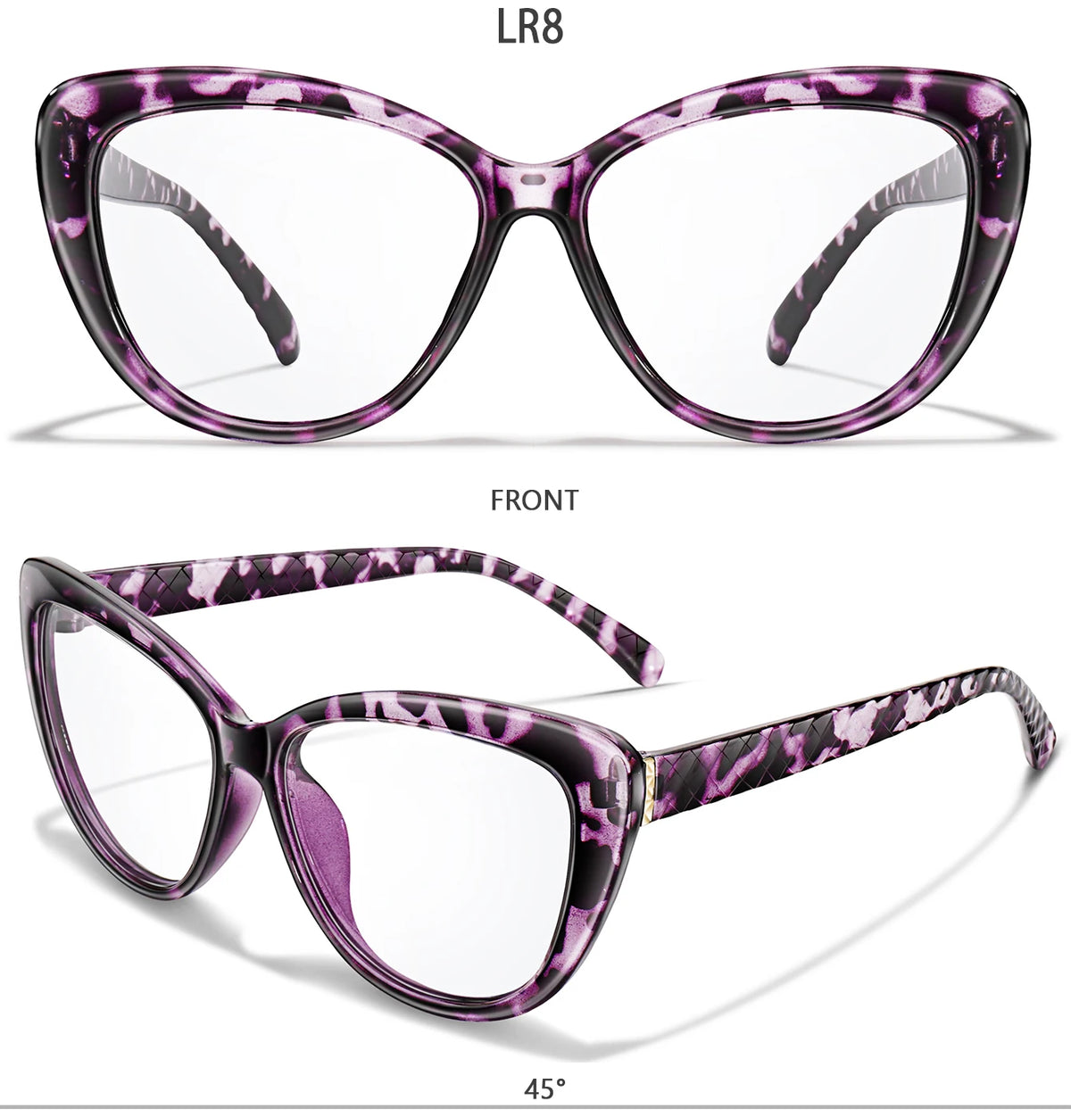 Purple and black patterned LR8 reading glasses shown from the front and at a 45-degree angle.