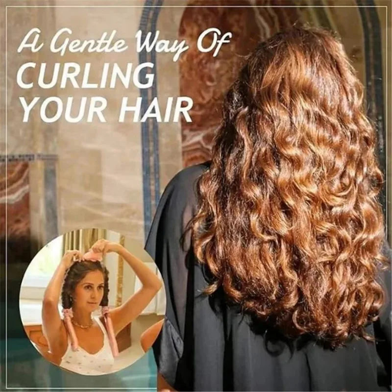 A woman's back shows long, curly brown hair being styled with a heatless curling rod headband and satin bonnet set.