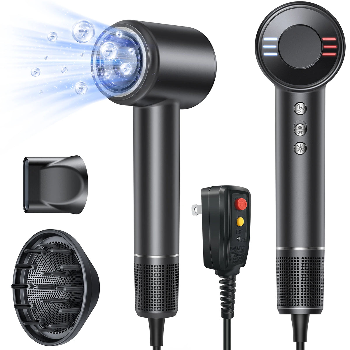 A professional high-speed ionic hair dryer shown with its main unit, nozzle, and cord.