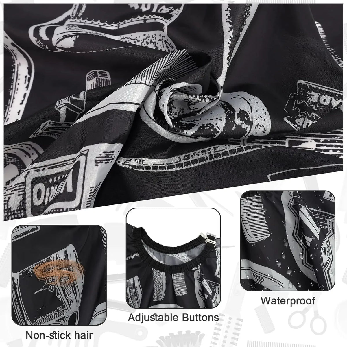 Black and white patterned barber hair cutting cape and styling accessory set with adjustable buttons