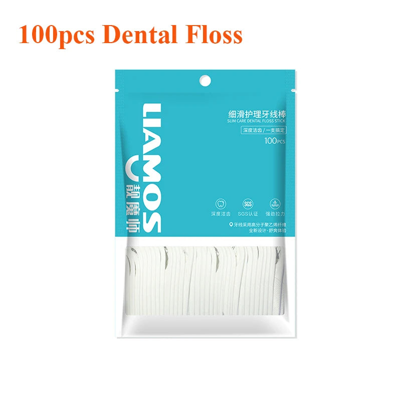 Eine Packung von 100 Zahnseide-Stücken in einer türkisen Plastiktüte.