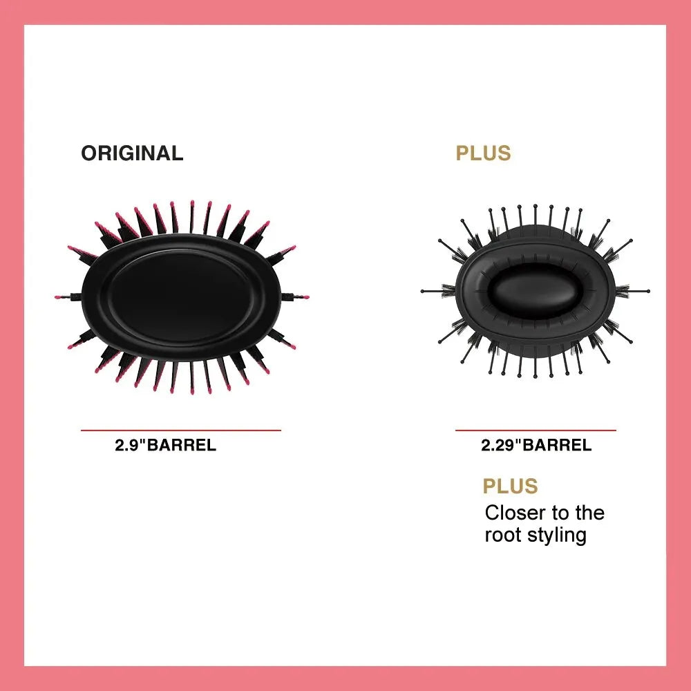 Comparison of an original hair blow dryer brush and a plus version with closer root styling.