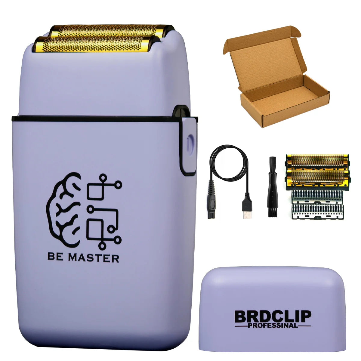 A purple professional multi-function hair grooming kit includes a device, a box, and interchangeable blades.