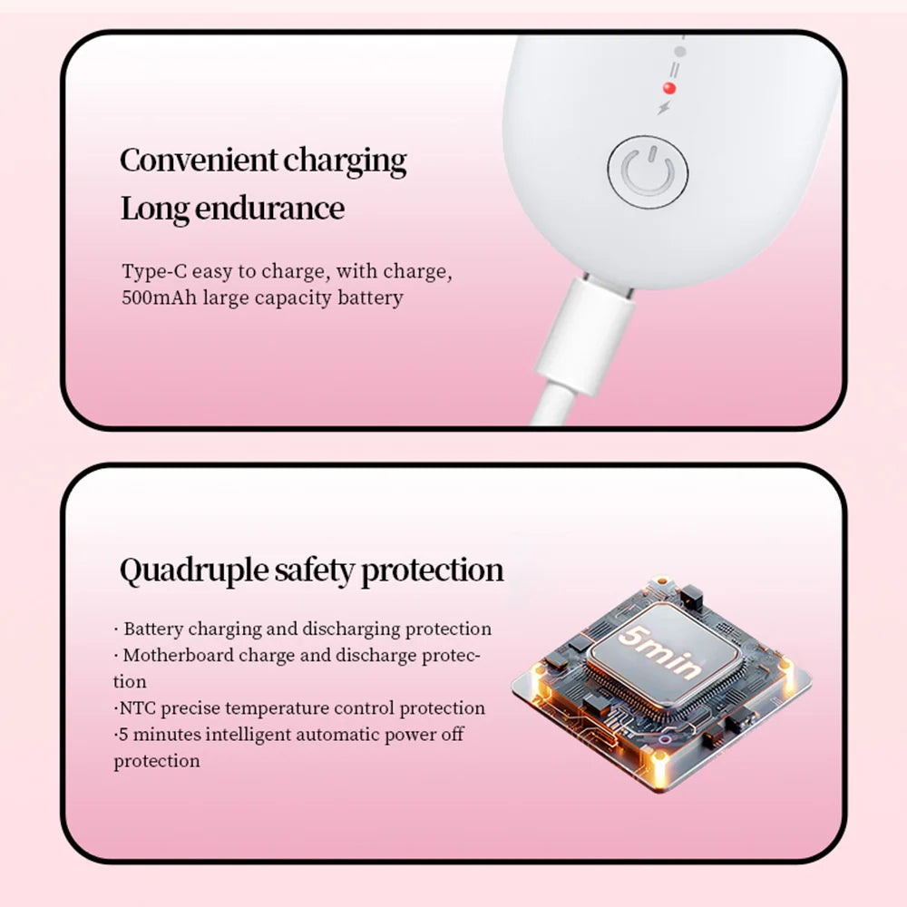 A white heated eyelash curler with a charging cable and a circuit board component shown in safety features.