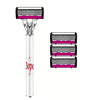 A set of three durable stainless steel electric razors with black and magenta accents.