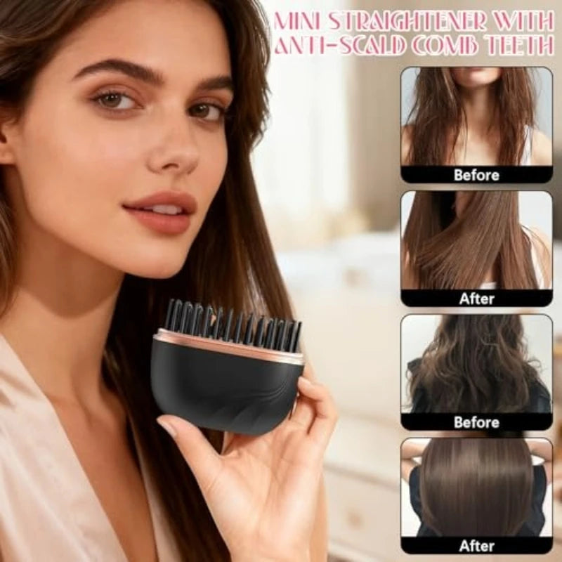 A woman demonstrates a mini straightener tool before and after using it on hair.