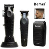 A black professional electric hair clipper kit for men shown in three views.