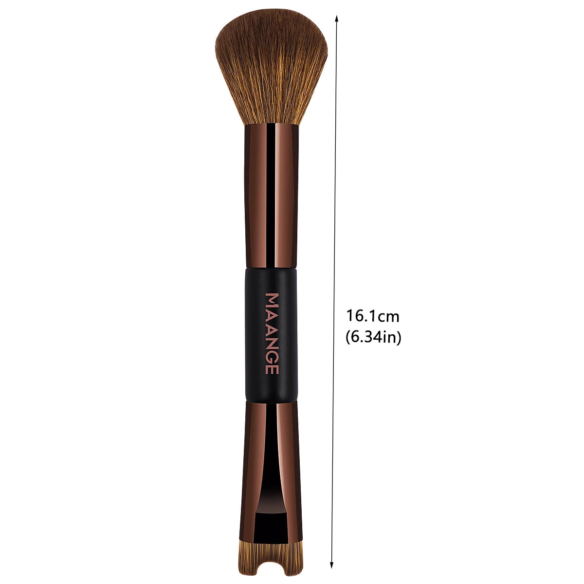 A long, double-ended contouring makeup brush with a wooden handle and synthetic bristles.