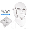 A white LED facial mask is shown with a clear bag component and a power plug.
