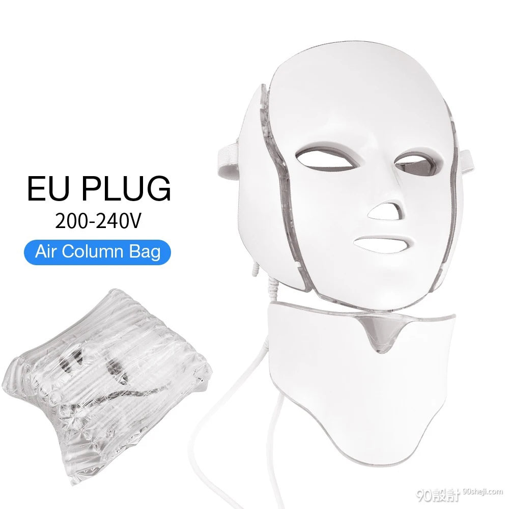 A white LED facial mask is shown with a clear bag component and a power plug.