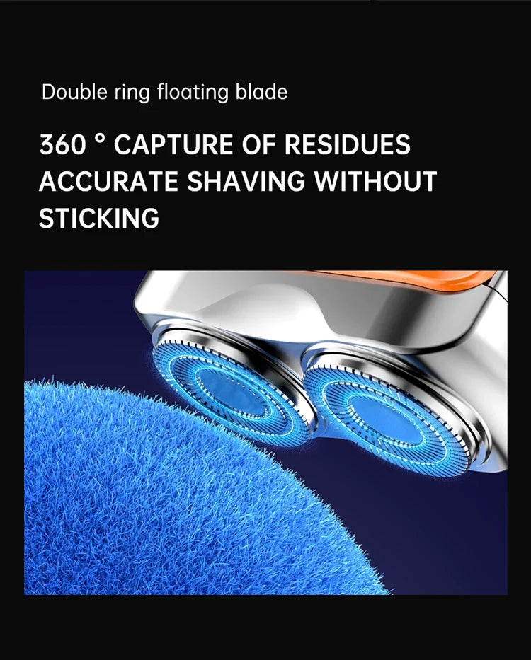 Close-up of a double ring floating blade on an electric shaver head with blue bristles.