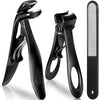 A set of black heavy duty stainless steel nail clippers shown in various angles.