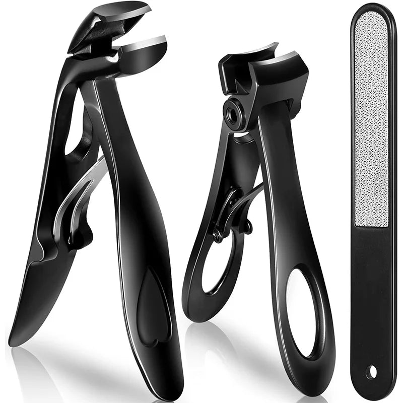 A set of black heavy duty stainless steel nail clippers shown in various angles.