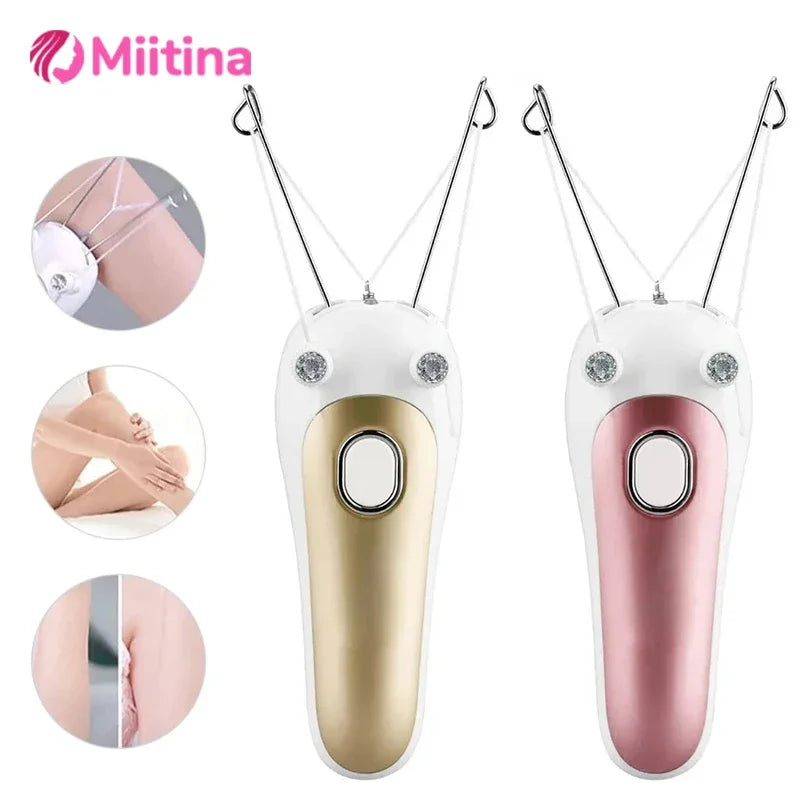 A white electric body and facial hair remover device shown with various components and usage angles.