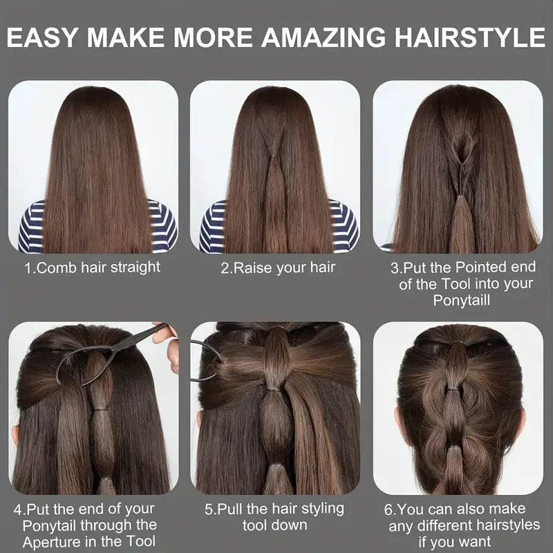 A six-step guide showing how to use a hair styling tool kit for creating various hairstyles.
