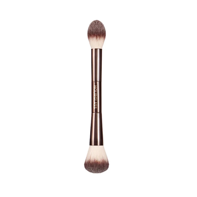 A professional double-ended makeup powder brush set with a dark brown handle and fluffy bristles.
