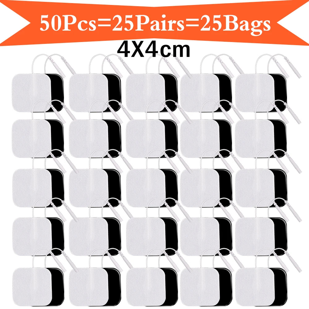 Lot de 50 électrodes réutilisables non tissées, emballées en 25 paires et 25 sacs, mesurant 4x4 cm.