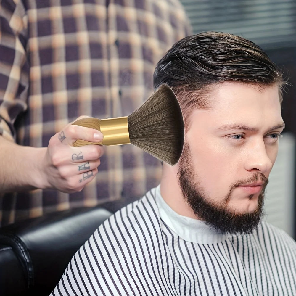 A man is using a professional wood handle hair duster brush on his hair in a salon or home setting.