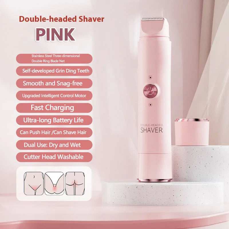 A pink double-headed shaver is shown standing on a white surface with diagrams illustrating its use.