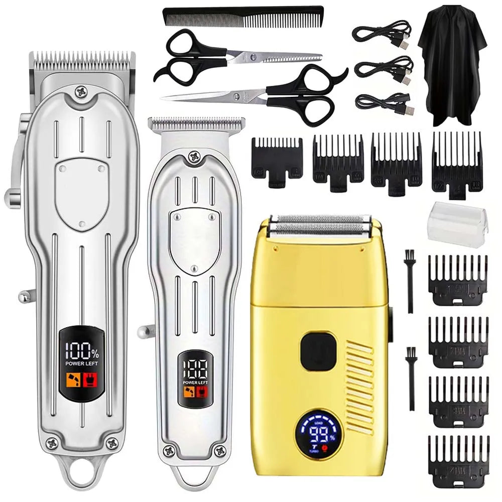 A set of professional electric hair clippers and accessories including various blades and attachments.