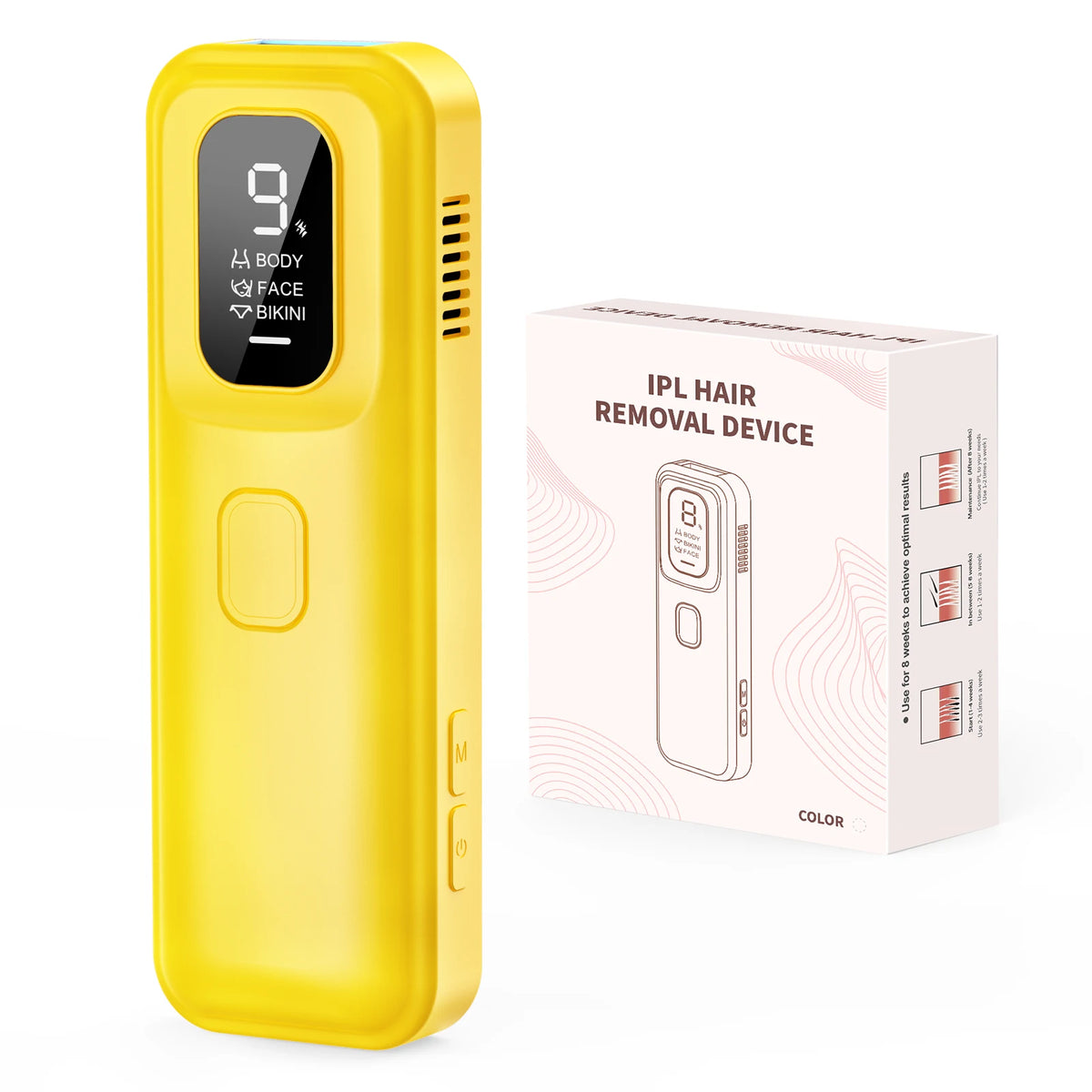 Yellow IPL hair removal device with a box packaging and display showing body face and bikini modes