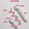 A white electric shaver and various attachments for body hair removal are displayed on a white background.