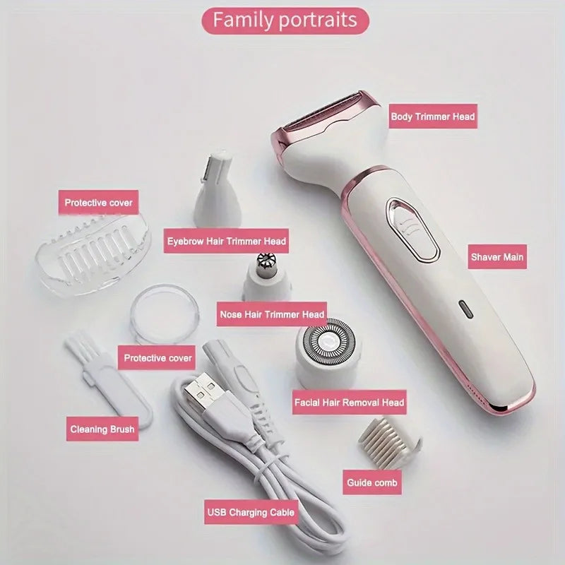 A white electric shaver and various attachments for body hair removal are displayed on a white background.