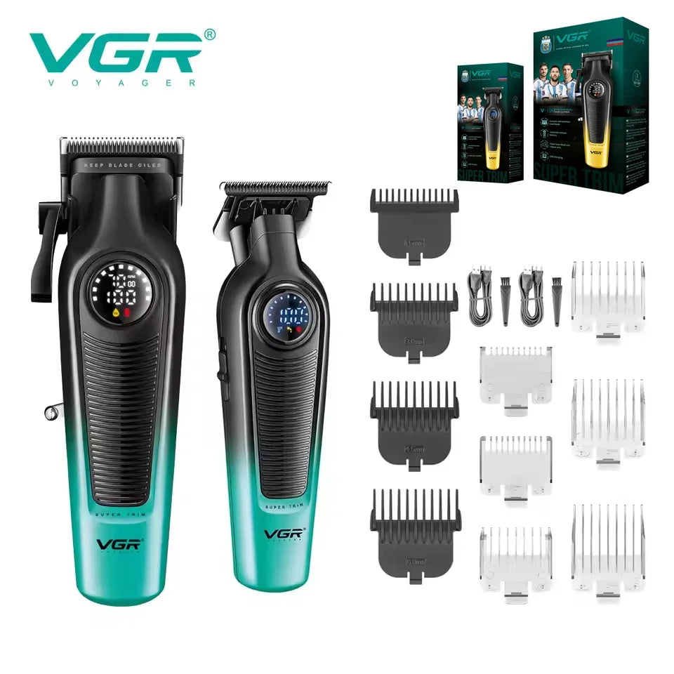 A set of VGR professional cordless hair clippers in black and green, including various guard attachments.