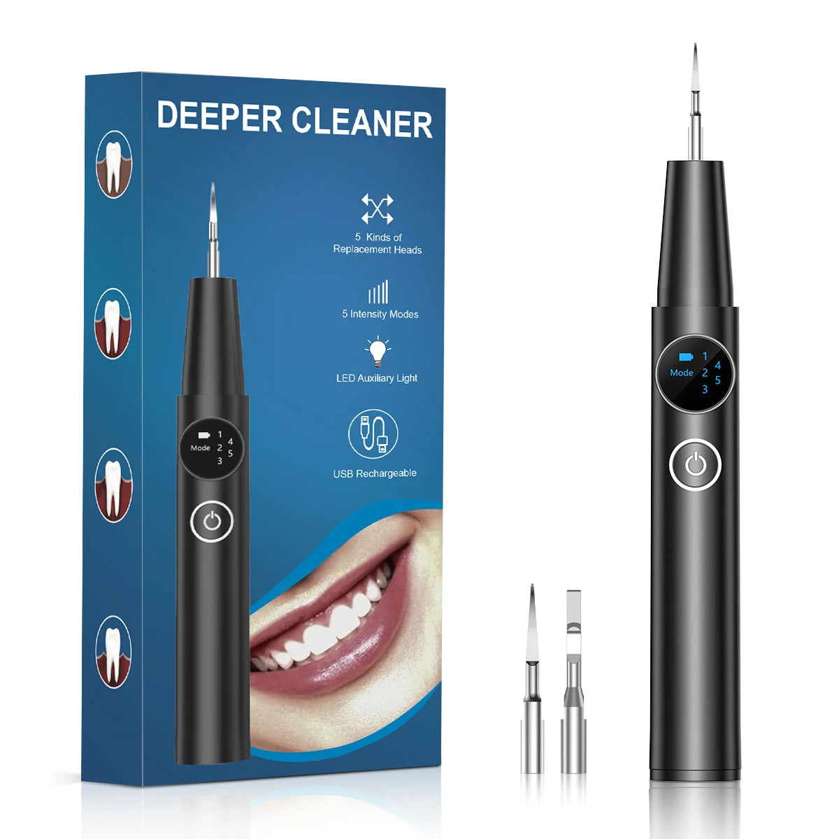 A black professional ultrasonic dental cleaning kit with interchangeable tips and LED light is shown next to its packaging.