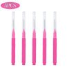 A set of five mini brow and eyelash combs in bright pink.