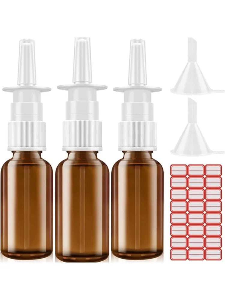 Set of reusable amber glass nasal spray bottles with white droppers and red caps