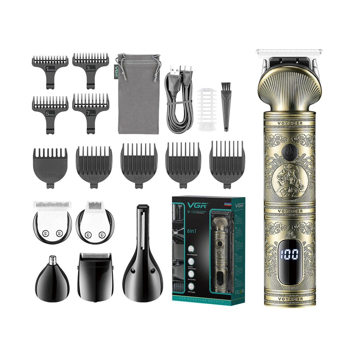 A set of professional electric hair trimmers and grooming tools displayed next to a main unit.