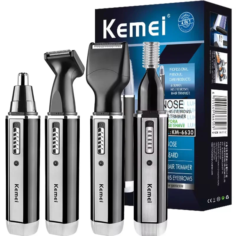 A set of four Kemei rechargeable trimmers for nose, ear, and eyebrow hair removal products.