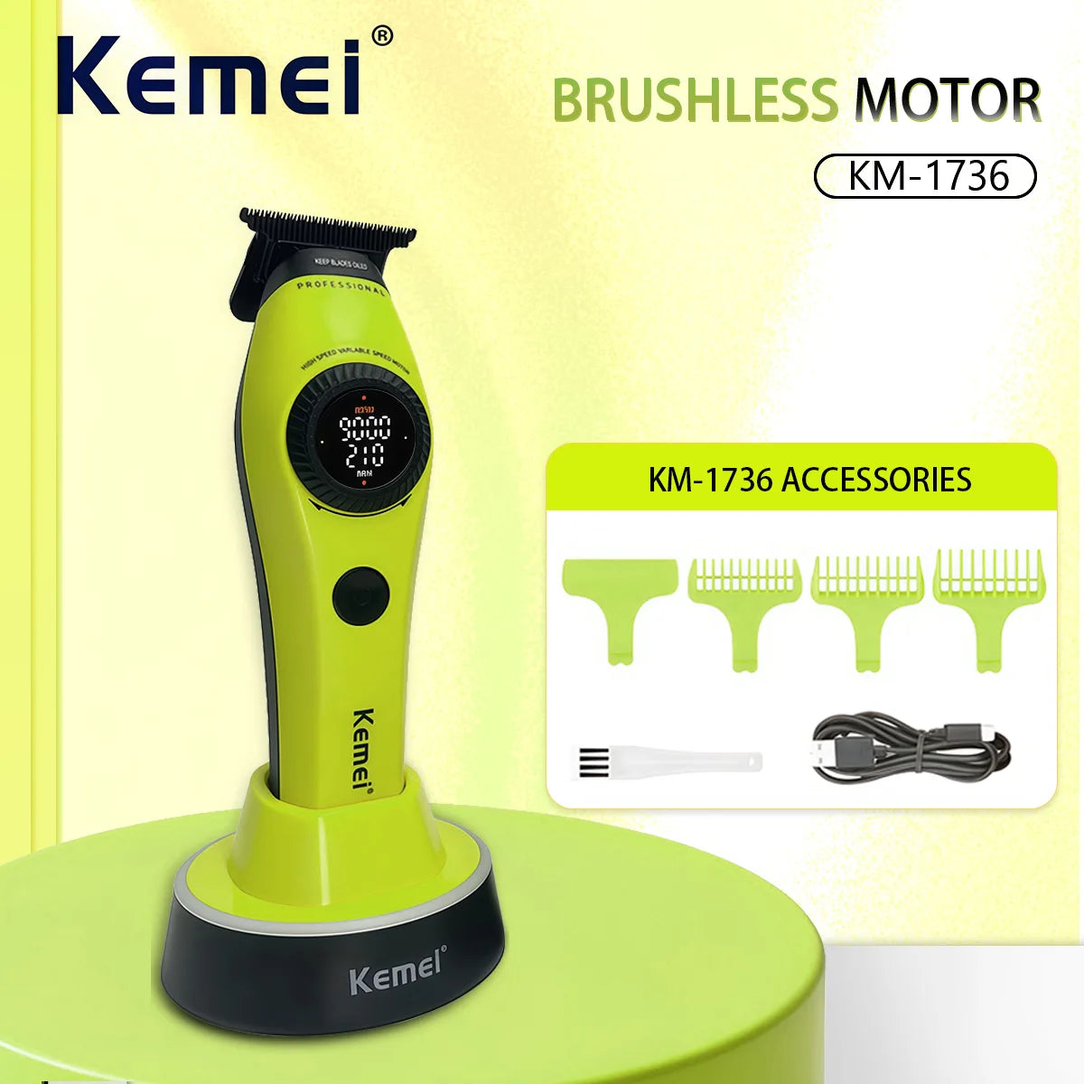 A lime green Kemei brushless motor hair clipper with a black body and professional grooming accessories.