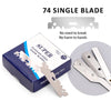 Box of Super 74 single blade stainless steel razor blades with a loose blade shown next to the packaging.