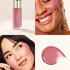 A close-up of a pink liquid blush product and a model applying it to her cheek.