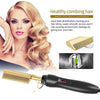 A black 2-in-1 straightening comb with gold plates is shown next to a woman's hair and a separate heating plate.