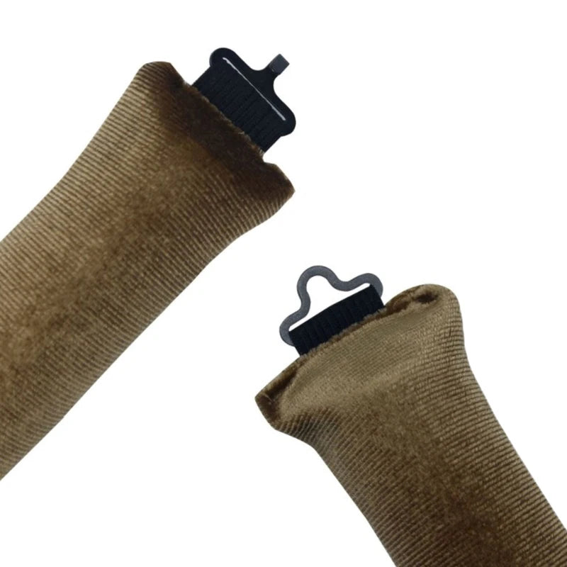 A close-up view of a brown suede heatless hair curler curling rod.